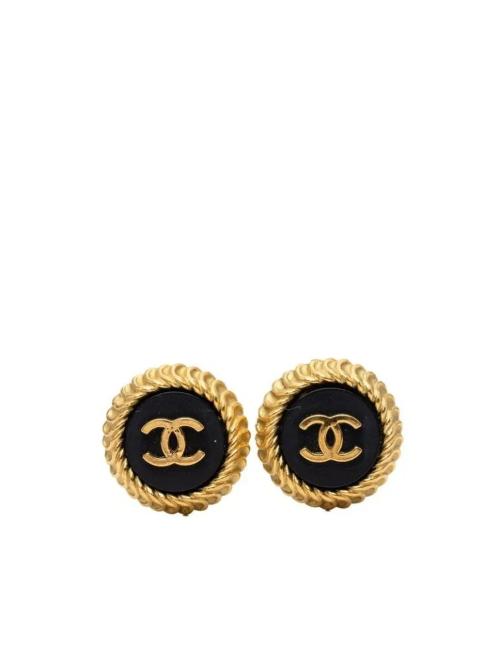 Chanel CC Logo Vintage Earrings Black Gold Plated